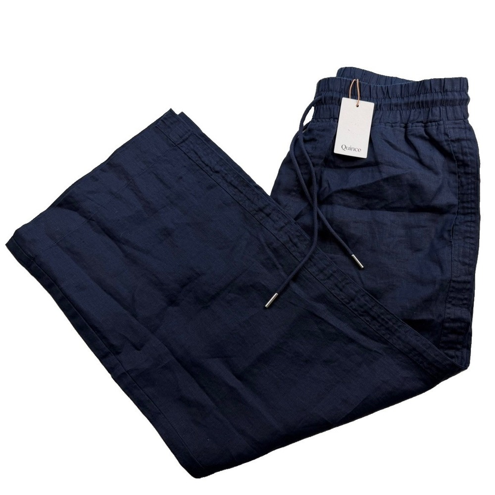 NWT Quince Women's XL 100% European Linen Wide Leg Pants Navy Blue Pull On